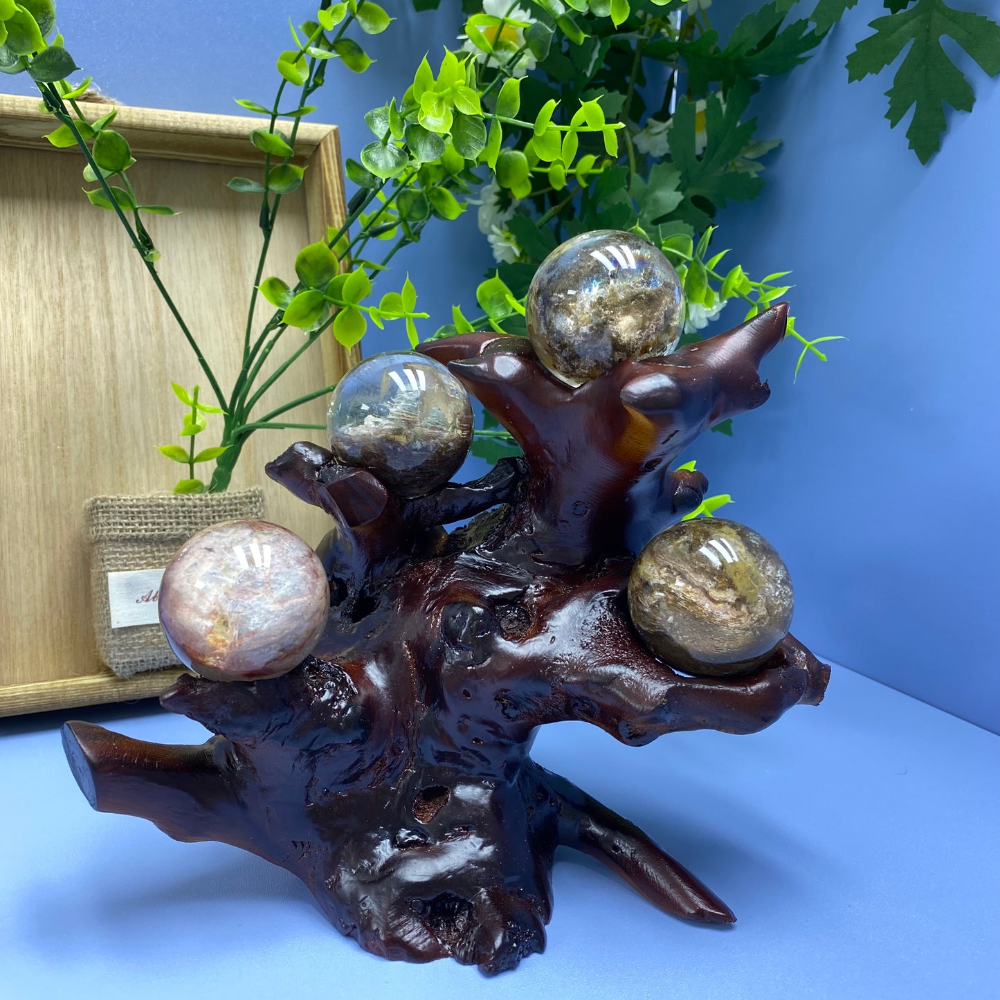 S4 Pink Rutile/Enhydro/Garden quartz sphere setting