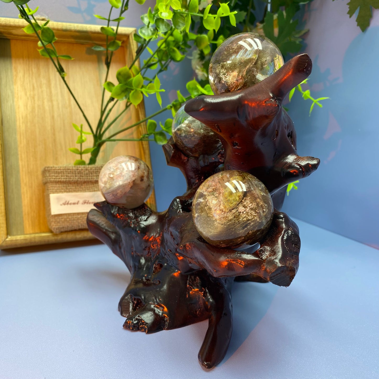 S4 Pink Rutile/Enhydro/Garden quartz sphere setting