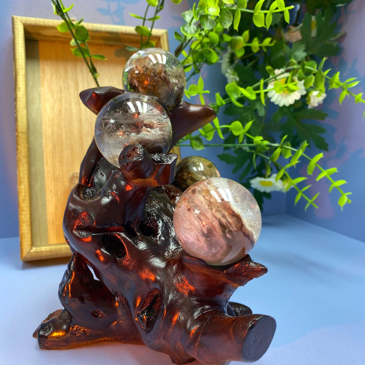 S4 Pink Rutile/Enhydro/Garden quartz sphere setting